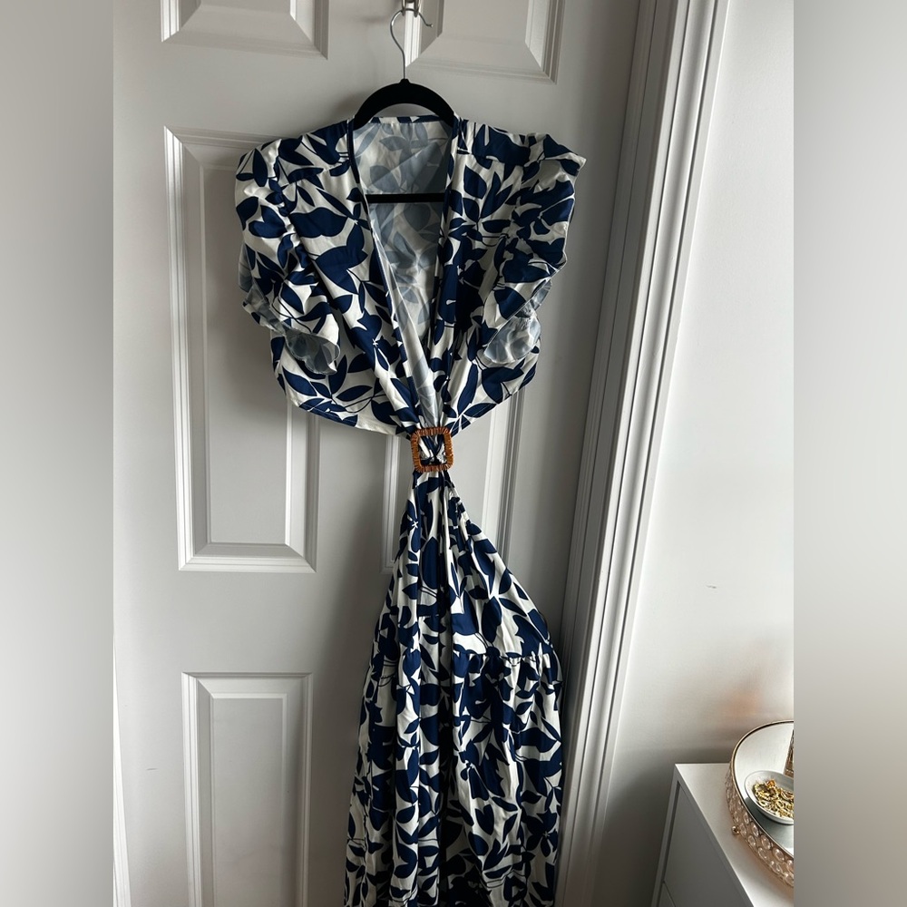 Blue and White Leaf Print Wrap Dress with Buckle Detail